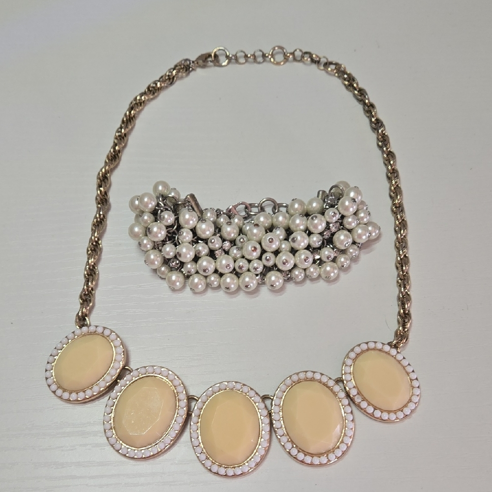 ^Banana Republic Yellow and Gold Necklace With Pearl And Silver Bracelet